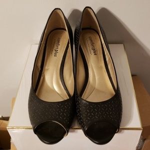 Comfy black peep toe wedge heels